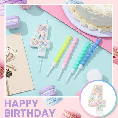 MTLEE Number 4 Birthday Candle with 12 Pcs Spiral Candles for Girls Macaron Pastel Rainbow Unicorn Pink Cake Topper for Sweet Theme Party Decoration