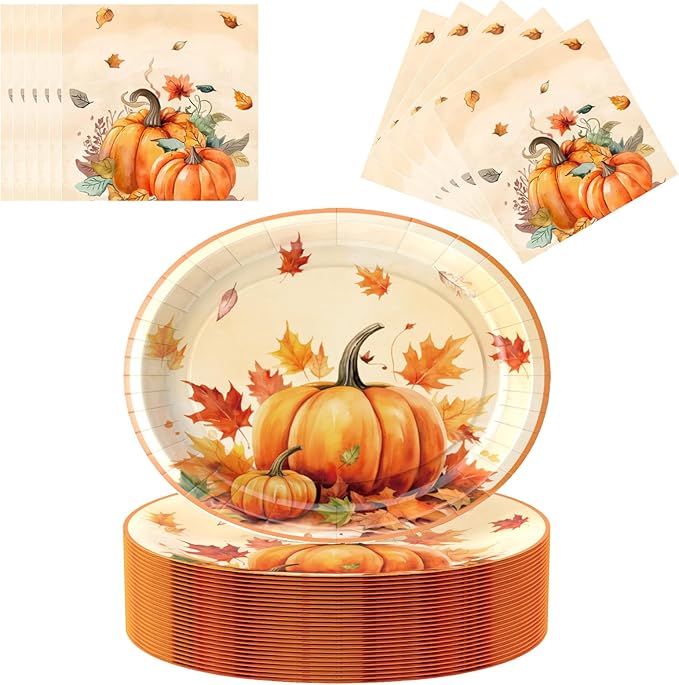 100Pcs Thanksgiving Oval Paper Plates and Napkins Set,10" x 12" Large Disposable Plates for Thanksgiving Party