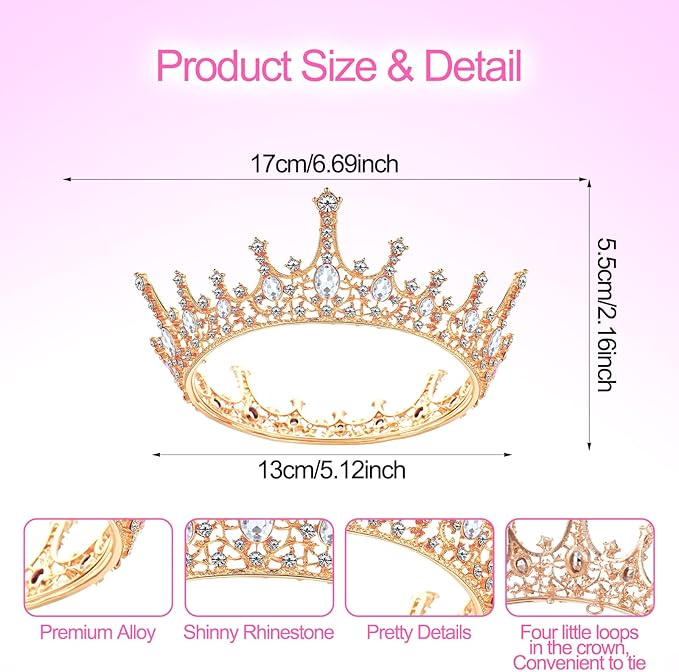 Grevosea Gold Queen Crown for Women, Rhinestone Birthday Crown Princess Tiara Wedding Headband for Bride Hair Accessories
