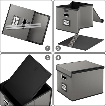 Huolewa File Organizer Boxes with Lids, Collapsible Faux Leather Hanging File Folder Box Organizer with Plastic Slide, Decorative Home/Office Filing System Boxes for File and Folders Storage