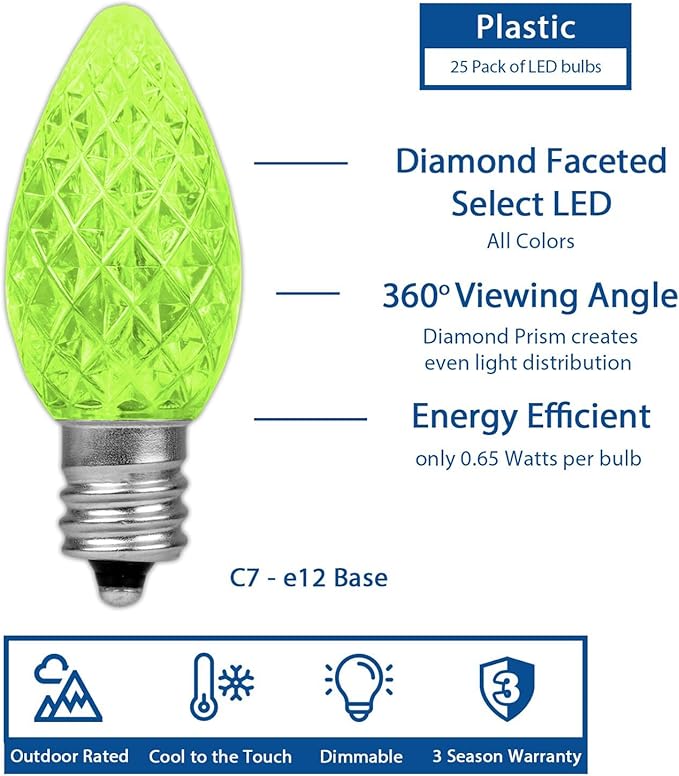 Novelty Lights 25pk Lime C7 LED Faceted Christmas Light Replacement Bulbs, Ultra Bright Dimmable Replacement Lamps for Indoor/Outdoor Light Strings