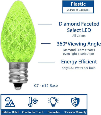 Novelty Lights 25pk Lime C7 LED Faceted Christmas Light Replacement Bulbs, Ultra Bright Dimmable Replacement Lamps for Indoor/Outdoor Light Strings