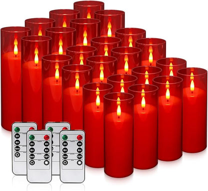 Flameless LED Candles 24 Pack, Realistic Flickering Flame Battery Operated Pillar Candles with Remote Control & Timer, for Home Decor, Wedding, Romantic Ambiance (Red)
