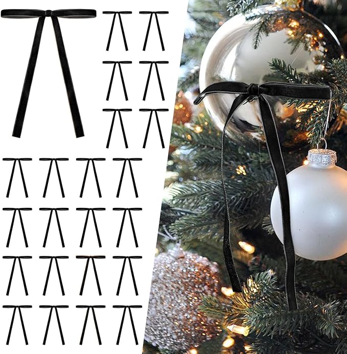 SIMISI RIBBON 24 Pcs Black Velvet Christmas Tree Bows Door Garland Decor Vintage Wreath Bow (3/8'' Wide, 5 * 7 inch)