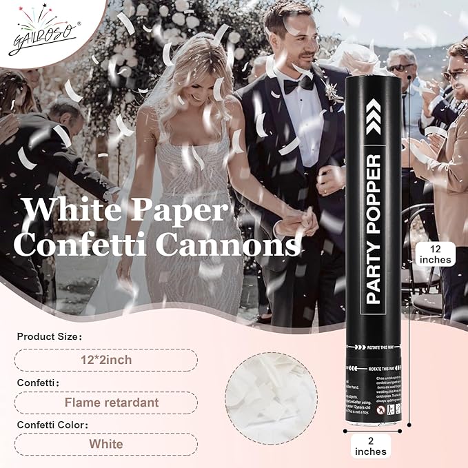 White Confetti Poppers 12 Inch,Wedding Confetti Cannon Air Powered(5 Pack),Launches 20-25ft, Party Poppers for Engaged,Birthday,Celebrations and New Years Eve