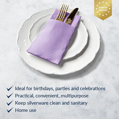 PAW - Linen Feel Napkins with Built-in Flatware Pocket, Airlaid Paper Pre-Folded Napkins for Silverware, Wedding Party, Dinner, Birthday, Gatherings, Monocolor Violet, 50 Count