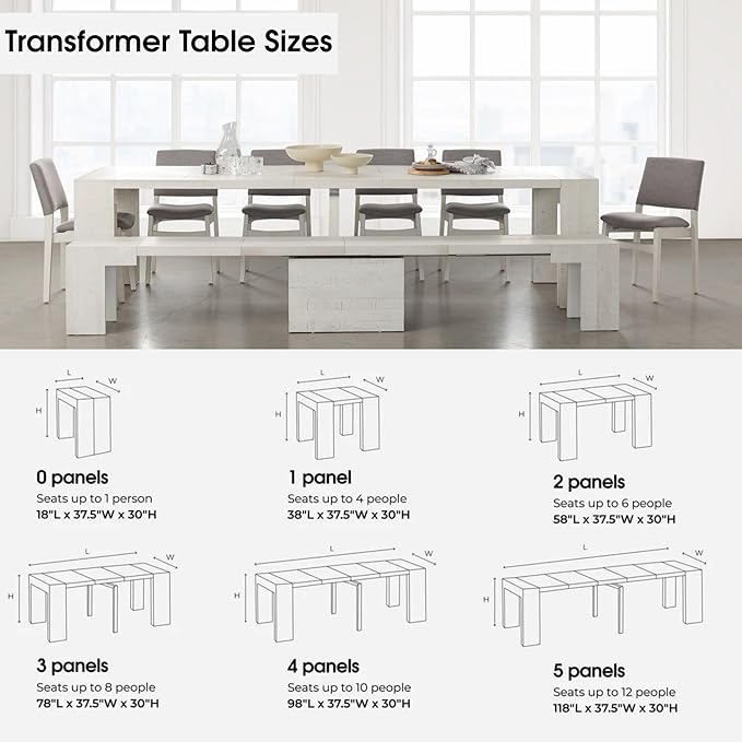 Transformer Table - Solid Wood Extendable Dining Table, Seats 2-12, Expandable Dining Room Table, Space-Saving Furniture, Kitchen and Dining Room Furniture (White, Table Only)