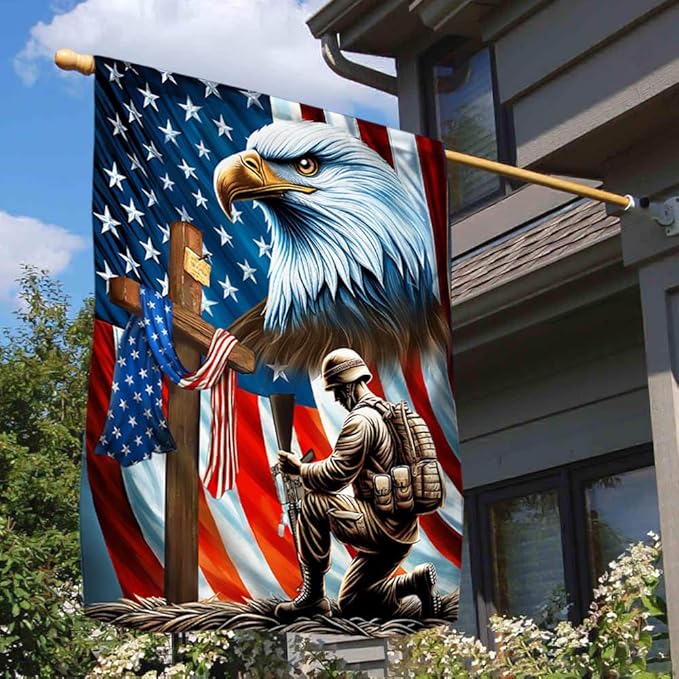 American Flag-Patriotic Eagle Veteran Kneeling Soldier Christ Cross Memorial Day American Flag MLN2793F, 3x5 ft. Flag-USA Flags Premium Polyester-Decorative Indoor Outdoor Flag