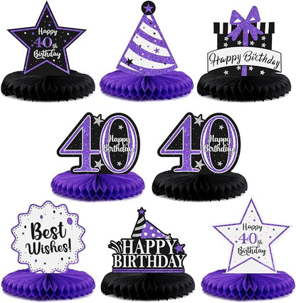 Happy 40th Birthday Decorations,40th Bday Purple Glitter Shiny Stand Honeycomb Table Centerpieces - Cheers to Forty Years Old Birthday Party Photoprop Gift Sign.