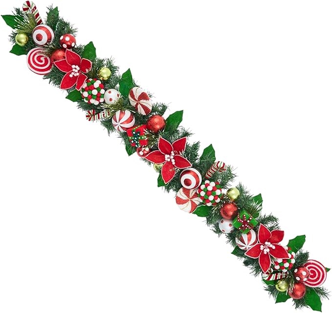 Holiday Tree Christmas Peppermint Garland 60” – Candy Cane Red & White Holiday Decor with Ornaments & Greenery, Handmade Festive Mantel Garland for Staircase, Doorway & Tabletop Decoration