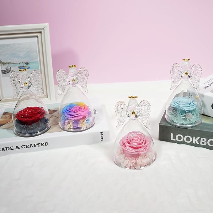 Miofula Preserved Flower Roses & Angel Figurines with Forever Real Rose Gifts for Women Mom, Grandma; Angel Gifts for Christmas, Thanksgiving, Birthday, Anniversary - Pale Blue