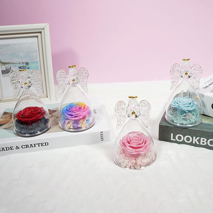 Miofula Preserved Flower Rose Birthday Gifts for Mom, Angels Figurines with Forever Real Rose Gifts for Women Mom Grandma, Angels Gifts for Valentines Anniversary (Red Starry Sky)