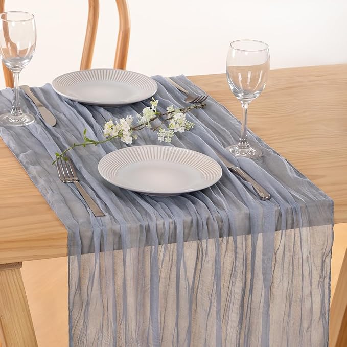 MLMC Grey Table Runner Cheesecloth Table Runner 10ft Sheer Rustic Gauze Cheese Cloth Centerpiece Decor 35x120 Inches for Wedding Party Bridal Shower Birthday Winter Decor