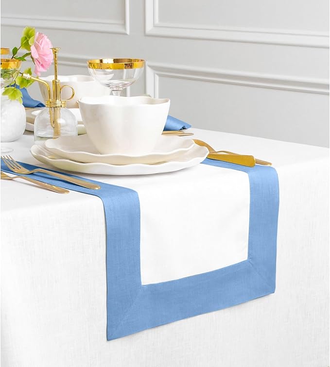 Solino Home Linen Table Runner 72 Inches Long - Cornflower Blue and White 100% Pure Linen 14 x 72 Inch Table Runner for Dining - Contempo