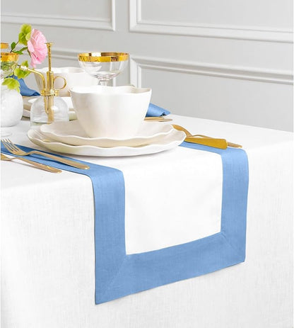 Solino Home Linen Table Runner 90 Inches Long - Cornflower Blue and White 100% Pure Linen 14 x 90 Inch Table Runner for Dining - Contempo