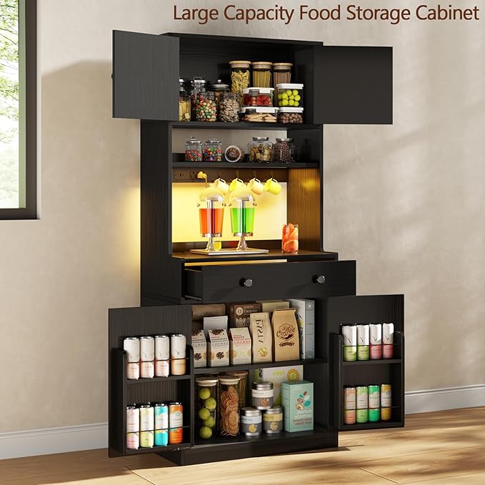 71" Tall Kitchen Pantry Storage Cabinet with Power Outlet & LED Light, Freestanding Food Pantry Cabinet with 4 Doors and Shelves, Cupboard with Drawer, Hutch with Microwave Stand (Black)