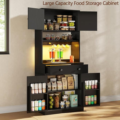 71" Tall Kitchen Pantry Storage Cabinet with Power Outlet & LED Light, Freestanding Food Pantry Cabinet with 4 Doors and Shelves, Cupboard with Drawer, Hutch with Microwave Stand (Black)