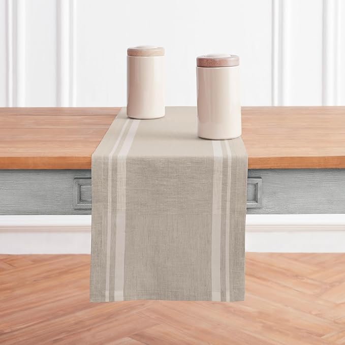Solino Home Linen Table Runner 108 Inches Long - French Stripe, 100% Pure Linen White and Natural Farmhouse Table Runner 14 x 108 Inch Ideal for Dining, Fall, Autumn