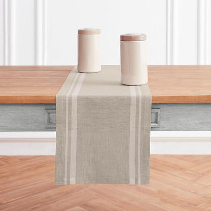 Solino Home Linen Table Runner 108 Inches Long - French Stripe, 100% Pure Linen White and Natural Farmhouse Table Runner 14 x 108 Inch Ideal for Dining, Fall, Autumn