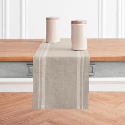 Solino Home Linen Table Runner 48 Inches - 100% Pure Linen White and Natural French Stripe Table Runner 14 x 48 Inch Ideal for Dresser and Coffee Tables - Fall, Autumn