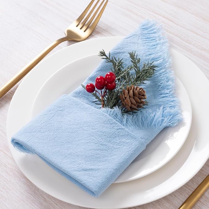 12 Pack Baby Blue Cotton Linen Napkins with Fringe Christmas Cloth Napkins Set of 12 Boho Handmade Holiday Napkins Bulk for Wedding Baby Boy Shower Parties, 17 x 17 Inches