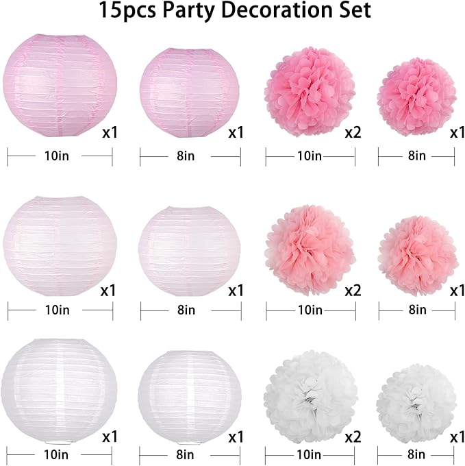 KAXIXI Hanging Party pom pom Set, 15pcs Pink White Paper Flowers Pom Poms Balls and Paper Lanterns for Wedding Birthday Bridal Baby Shower Graduation, LanternPomPom012
