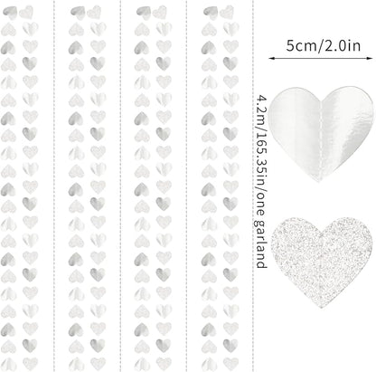 White -Silver Disco Party-Decoration Heart Garland - 52ft Birthday New Years Eve Hanging Backdrop Streamers,Graduation Engagement Wedding Bachelorette Winter Christmas Banner Decor Lasting Surprise