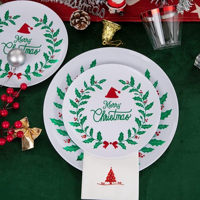 Liacere 175PCS Christmas Plastic Plates - White & Green; Includes 50 Wreath Plates, 25 Red Cutlery, 25 Cups, 25 Tree Napkins