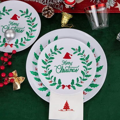 Liacere 175PCS Christmas Plastic Plates - White & Green; Includes 50 Wreath Plates, 25 Red Cutlery, 25 Cups, 25 Tree Napkins