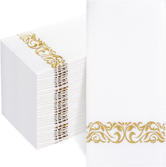 50PCS Gold Napkins Disposable - White and Gold Paper Napkins - Cloth-Like Feel Dinner Paper - Elegant Heavy Duty Hand Towels for Bathroom Thanksgiving Party Bridal Decorative Reception