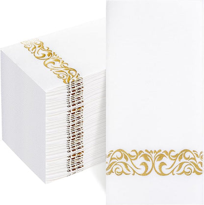 50PCS Gold Napkins Disposable - White and Gold Paper Napkins - Cloth-Like Feel Dinner Paper - Elegant Heavy Duty Hand Towels for Bathroom Thanksgiving Party Bridal Decorative Reception