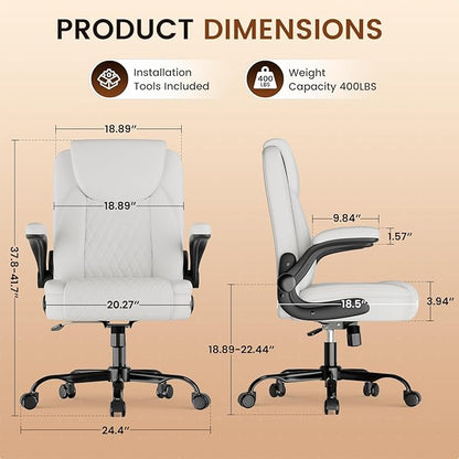 GTPLAYER Leather Office Chair, Home Desk Chair with Flip-up Arms and Ergonomic Back - Comfy Heavy Duty Executive Chair for Home Office Gaming, White