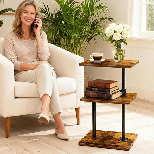 Swivel Side Table for Couch, 2 Pack Small End Table Adjustable Height Night Stand, 360° Swivel Nightstand with Storage Shelf for Small Spaces, Living Room, Bedroom