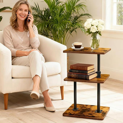Swivel Side Table for Couch, 3 Tier Small End Table Adjustable Height with Rotatable Tray, Space Saving Nightstand with Storage Shelf for Living Room, Bedroom, Small Spaces
