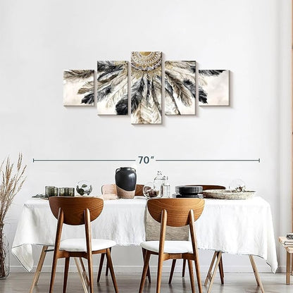 ElephantStock - Necklace Of Feathers Iii Wall Art - Horizontal Multi Panel Canvas - 5 Piece Living Room Wall Decor - Painting Multi Piece Wall Art - Brown And Gray Decor by Eva Watts - 55" x 24"