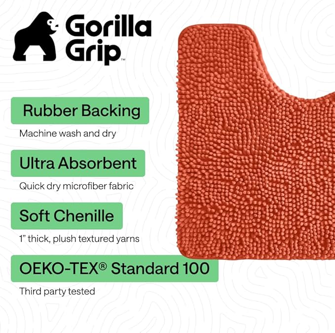 GORILLA GRIP Bathroom Rug Sets, Soft Chenille 2 Piece Area Rugs Set, Toilet Base Mat and 30x20 Carpet, Absorbent Microfiber Washable Mats Dry Quickly, Home Décor and Bath Room Accessories, Coral