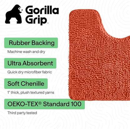 GORILLA GRIP Bathroom Rug Sets, Soft Chenille 2 Piece Area Rugs Set, Toilet Base Mat and 30x20 Carpet, Absorbent Microfiber Washable Mats Dry Quickly, Home Décor and Bath Room Accessories, Coral