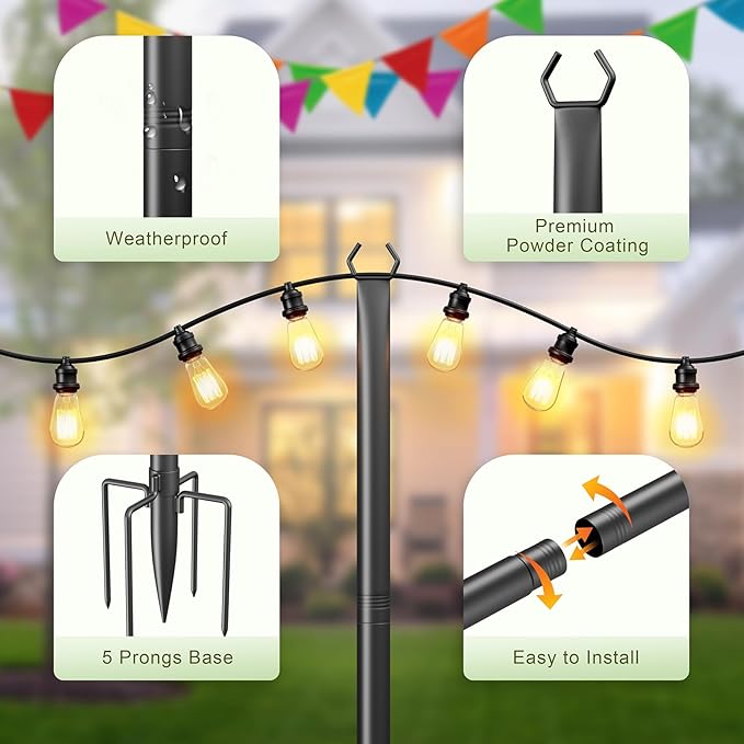 String Light Poles for Outside, 10ft Adjustable Metal Poles for Outdoor String Lights Hanging Light, Outdoor Light Poles with Fork, for Patio, Deck, Backyard, Garden (4 Pack)