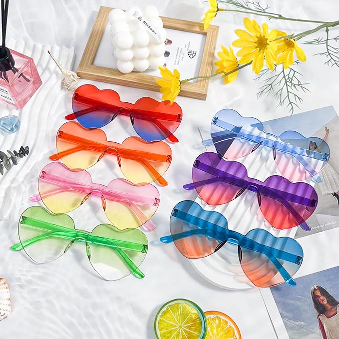 SUNOVELTIES 18 Heart Shape Rimless Sunglasses Transparent Candy Color Party Glasses Colored Eyewear for Women
