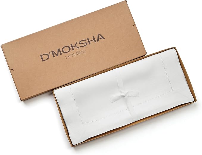 D'Moksha Homes Linen White Table Runner 120 Inches Long - 100% Pure Linen Hemstitch 14 x 120 Inch Table Runner for Dining, Winter, Christmas, Holiday - Classic Hemstitch