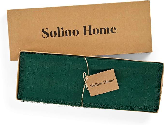 Solino Home Fringe Linen Placemats Set of 4 - Evergreen Placemats 14 x 19 Inch - 100% Pure Linen Table Mats for Fall, Autumn, Christmas, Winter, New Year - Handcrafted and Machine Washable