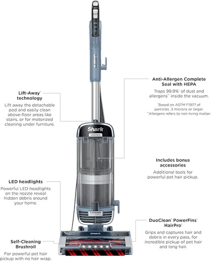 Shark Performance Powered Lift-Away Upright Vacuum, Ultra-Powerful Suction, No Hair Wrap, LED Headlights, Pet Hair Pickup, Carpets & Hardfloors, Odor Neutralizer Technology, Nordic Blue, UV2500