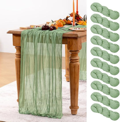 Sage Green Cheesecloth Table Runner 10 Pack Christmas Table Runners Boho Gauze 120 Inches Sage Cheese Cloth Table Decor for Xmas Holiday Season Parties Wedding Bridal Baby Shower Tea Party