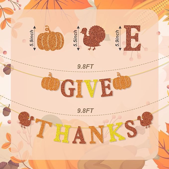 Give Thanks Banner for Thanksgiving Party Fall Thanksgiving Decorations, Outdoor Home Office Classroom Hanging, Decor Gold Orange Yellow Glitter