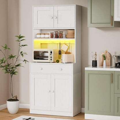 71" Tall Kitchen Pantry Storage Cabinet with Power Outlet & LED Light, Freestanding Food Pantry Cabinet with 4 Doors and Shelves, Cupboard with Drawer, Hutch with Microwave Stand, White