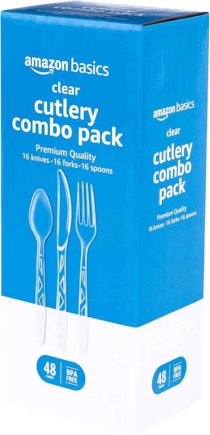 Amazon Basics Disposable Clear Plastic Cutlery, Premium Quality, 48 Count, Combo Pack: 16 Forks, 16 Spoons and 16 Knives