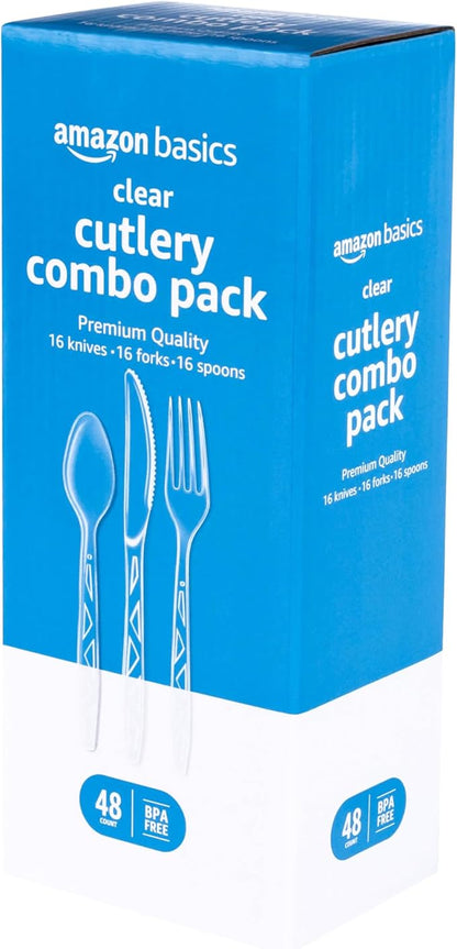 Amazon Basics Disposable Clear Plastic Cutlery, Premium Quality, 48 Count, Combo Pack: 16 Forks, 16 Spoons and 16 Knives