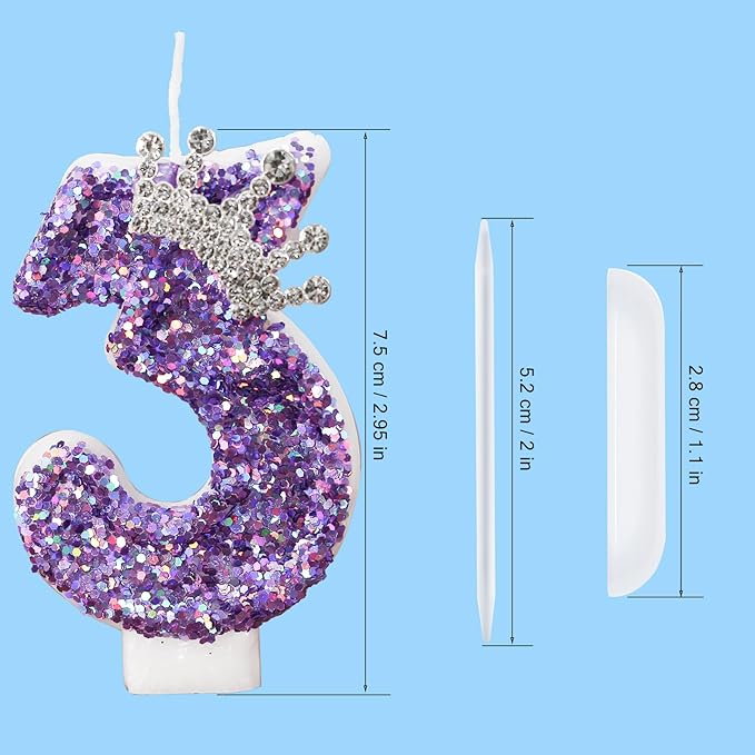 Birthday Number Candles,Purple Crown Birthday Candles for Cake,Glitter Number 3 Candle Cake Topper with Sequins for Anniversary Celebrations Supplies (Number 3)