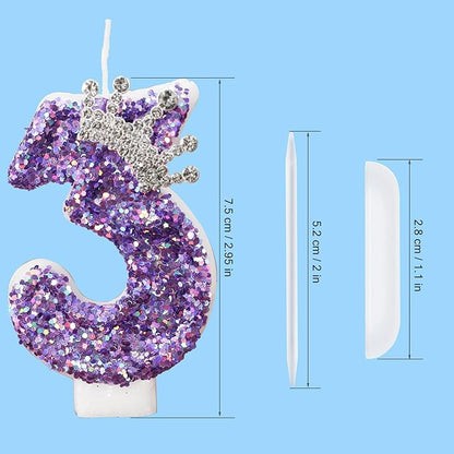 Birthday Number Candles,Purple Crown Birthday Candles for Cake,Glitter Number 3 Candle Cake Topper with Sequins for Anniversary Celebrations Supplies (Number 3)