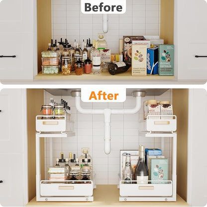 2 Pack Under Sink Organizer with Ball Bearing Sliding Drawer, Heavy Duty Pull Out Cabinet Organizer, 2 Tier Adjustable Storage Rack for Kitchen Bathroom, Space Saving Design, White